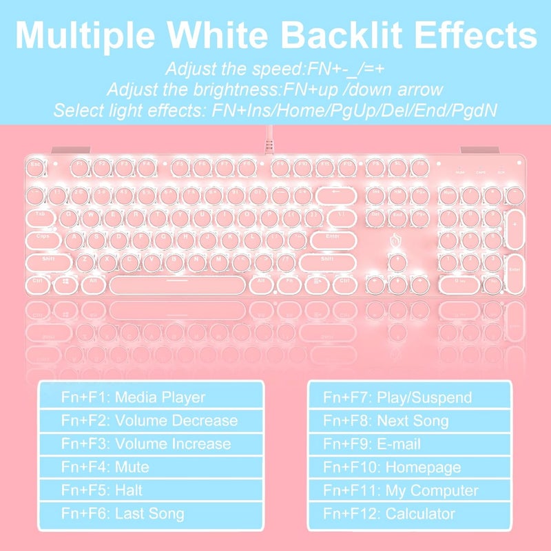 YSCP Typewriter Style Mechanical Gaming Keyboard LED Backlit Wired with Blue Switch Retro Round Keycap 104 Keys Keyboard (Pink 104Keys LED) - Image 4